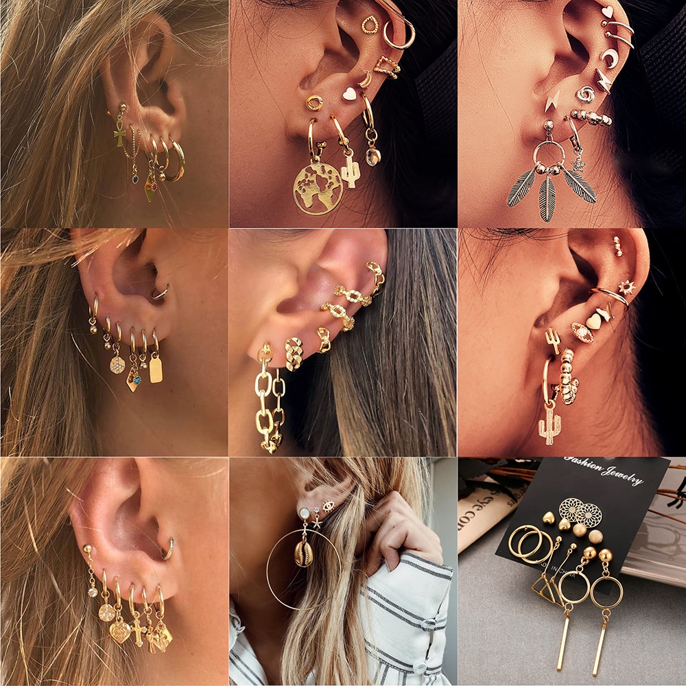 Vintage Boho multi-élément cristal ensemble boucle d'oreille pour les femmes pendentif Piercing géométrique boucles d'oreilles Cartilage bijoux