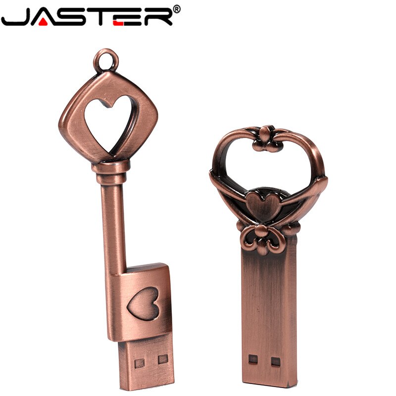JASTER copper love heart shaped key flash drive USB 2.0 pen drive 4gb 8gb 16gb 32gb 64GB metal keys memory Stick wedding