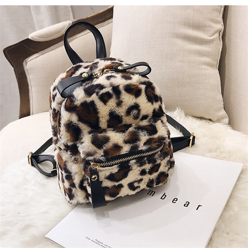 Hisuely leopard print små ryggsäckar för kvinnor mini ryggsäck barn ryggsäck resekedja plysch väskor vinter bokväska: Kaki