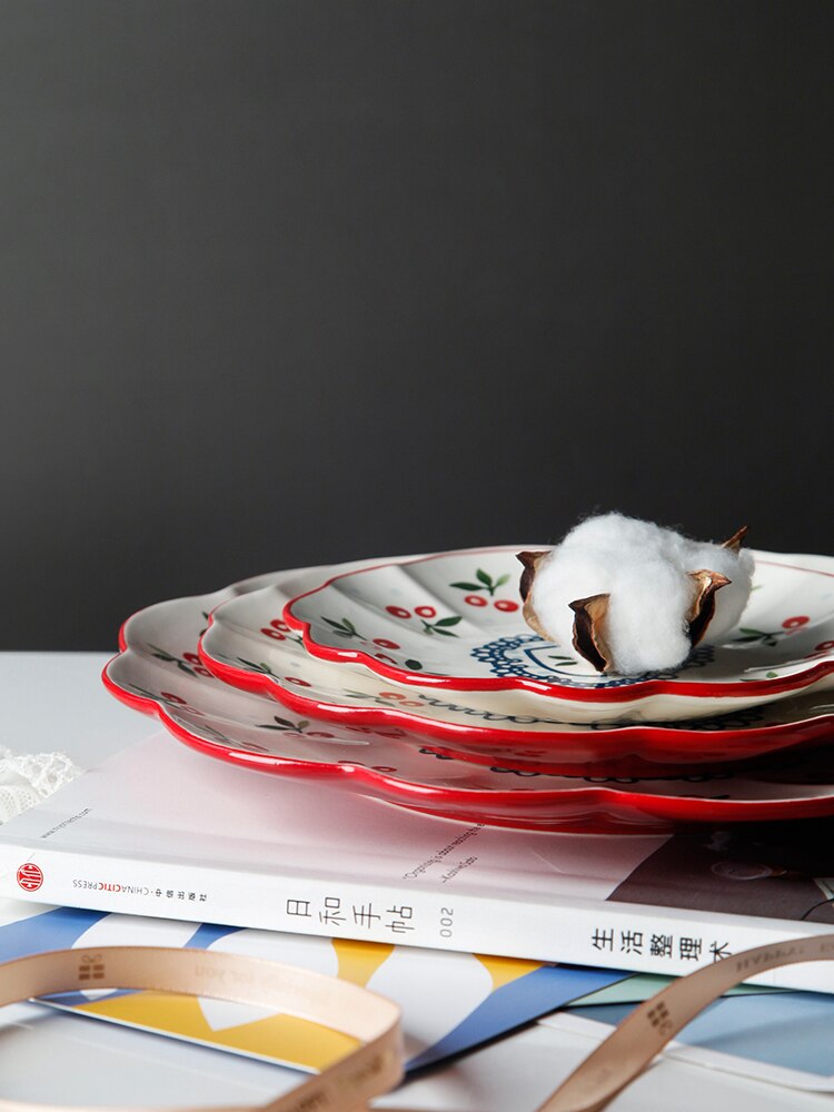 Hand painted cherry ceramic plate home lace dish plate pastoral style underglaze cute breakfast plate LB71706
