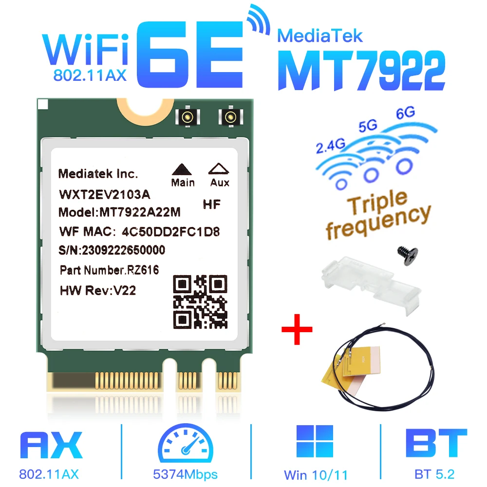 Wifi 6e mt7922 m.2 placa sem fio 5374mbps bluetooth 5.2 adaptador de rede 802.11ax 2.4g/5g/6ghz mediatek mt7922 MU-MIMO win 10 11