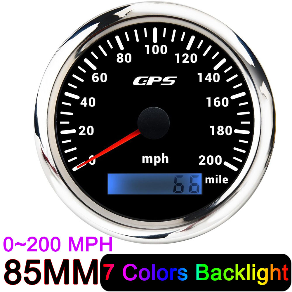 HD 85mm GPS Speedometer 30 60 80 120 160 200 MPH Waterproof Speed Gauge for Mairne Yacht Boat Car Truck 7 Colors Backlight 9-32V: 200MPH Black silver