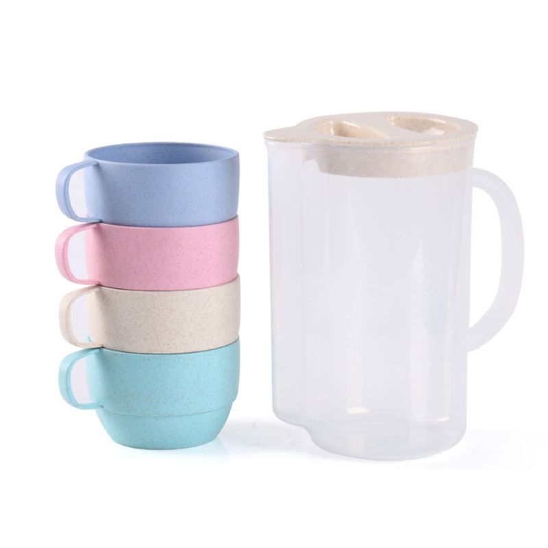 Natural Reusable Wheat Straw Multicolor Cups Kettle Set Unbreakable Lightweight J78C