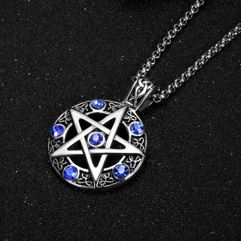 Pentagram Ronde Hollow Hanger Ketting Paar Mannen Vrouwen Ketting Blauwe Steen Ingelegd Viking Rune Accessoires Partij Sieraden