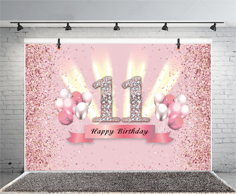 Sweet Pink 11 Years Old Photo Backdrop Girls Happy Birthday Party Balloon Eleven Photography Background Decoration Banner