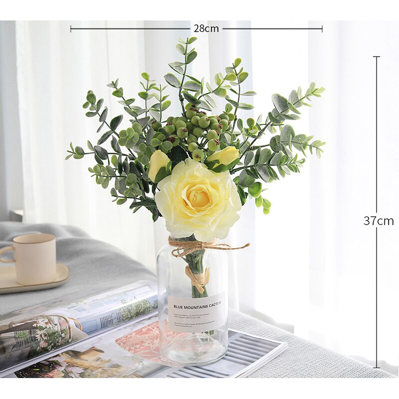 Artificial Roses Flower Bouquet Dining Table Wedding Home Wall Decoration Accessories Holding Flowers Valentine Day: Yellow 1 Pcs