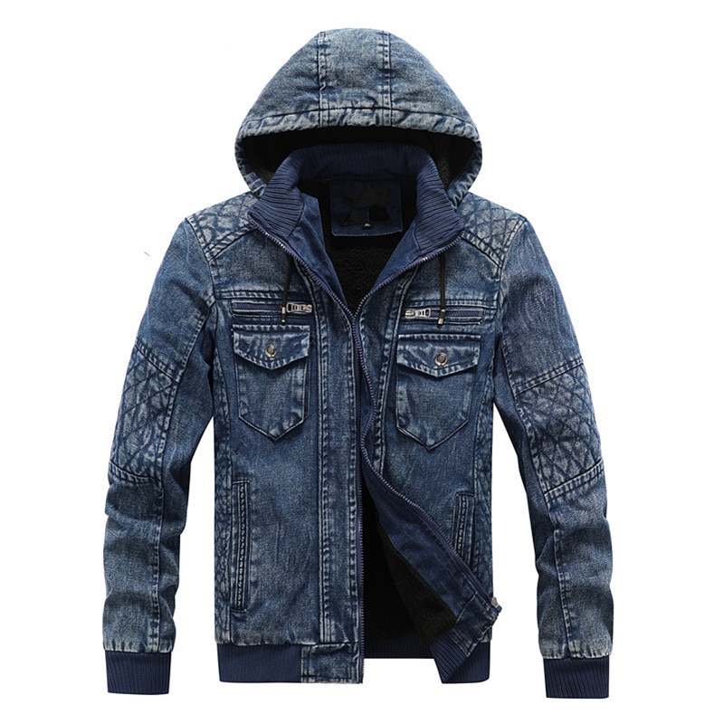 Hooded Denim Jakets Men Autumn Winter Fleece Denim Coats Jean Jackets Men Outwear Casual Men Winter Coat with Nood