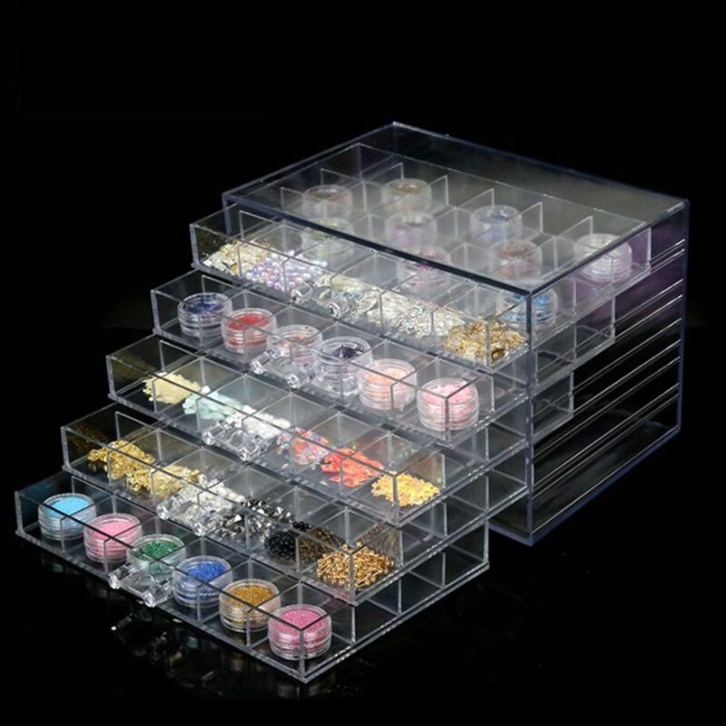 120 gitter negle smykker opbevaringsboks 5- lag gennemsigtig smykker opbevaringsboks diamant arrangør display stativ akryl skuffe plast
