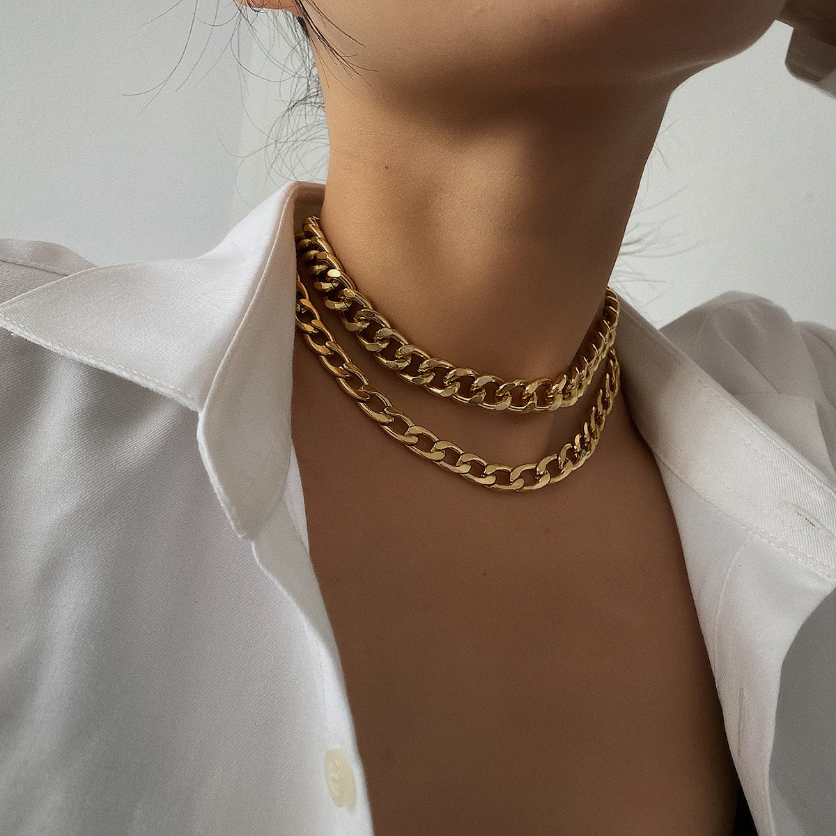 Two Layered Punk Rock Gold Aluminium Chain Choker Necklace For Women Thick Link Collar Clavicle Statement Jewelry Light Weight