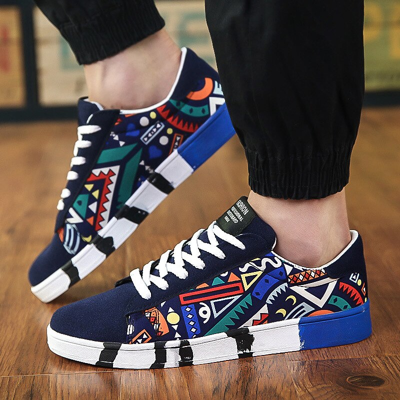 Män casual canvas skor tryck sneakers sommar tränare fritids skor herr lägenheter slipskor herr skor casual: Blå / 44