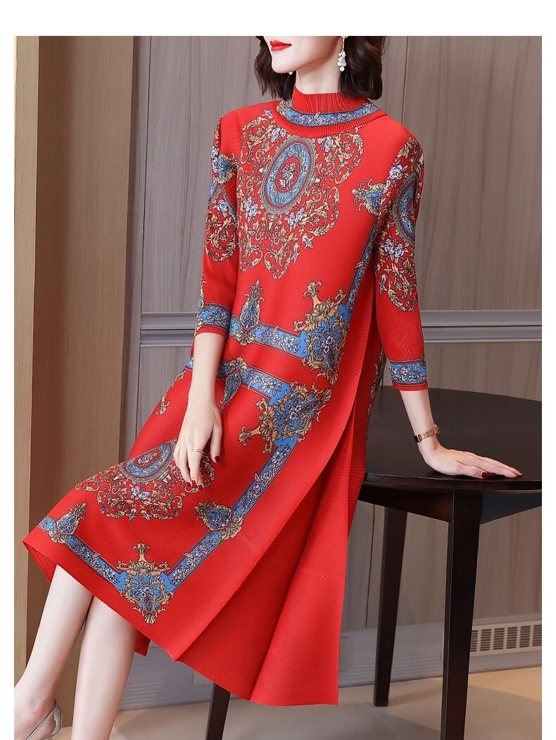 Feminino vermelho de malha moda impressão midi vestido outono inverno coreano vintage solto cintura vestido 2022 novo elegante bodycon casual vestido