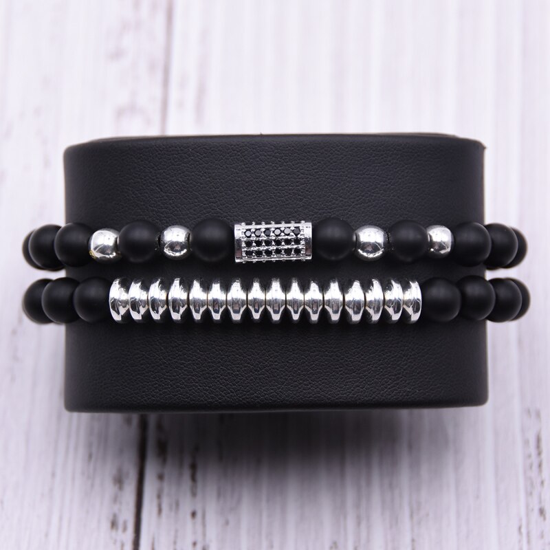 2 pçs/set Micro Pave CZ Longo praça Encantos Pulseiras para mulheres dos homens 8 milímetros Fosco contas de pedra Pulseira de homens jóias presentes