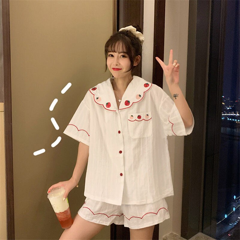 #39 kvinders pyjamas sommernat hjemmedragt nattøj bomuld jordbær broderi pijamas hjemmetøj pyjamas kawaii pj sæt
