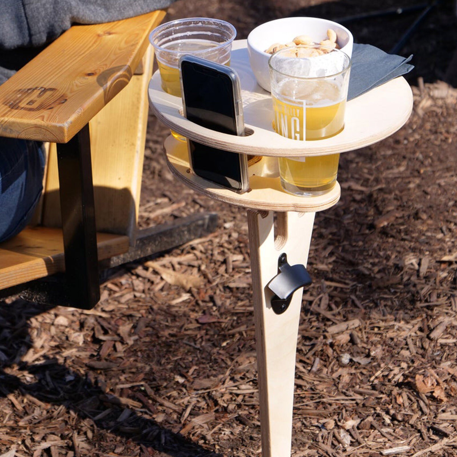 Portable Beer Table Backyard Entertainment Beach Camping Foldable Wine Holder Wooden Table With Phone Slot And Bottle opener