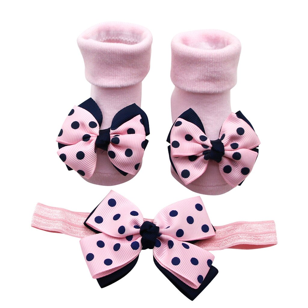 Baby Infant Socks +1PC Hair Belt Toddler Girls Bow Wave Point Anti-slip Socks Newborn Cartoon Toddler Baby Clothes Accessories: Navy