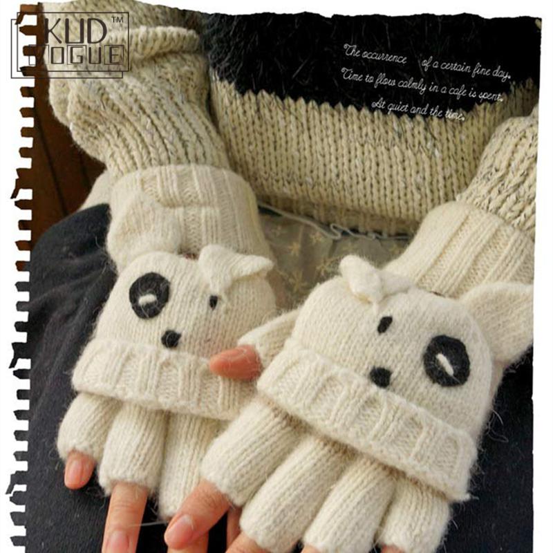Mori Girl Lolita Kawaii medio dedo dibujos animados encantador oso León invierno guantes De lana guantes gruesos sin dedos calientes Luvas De Inverno