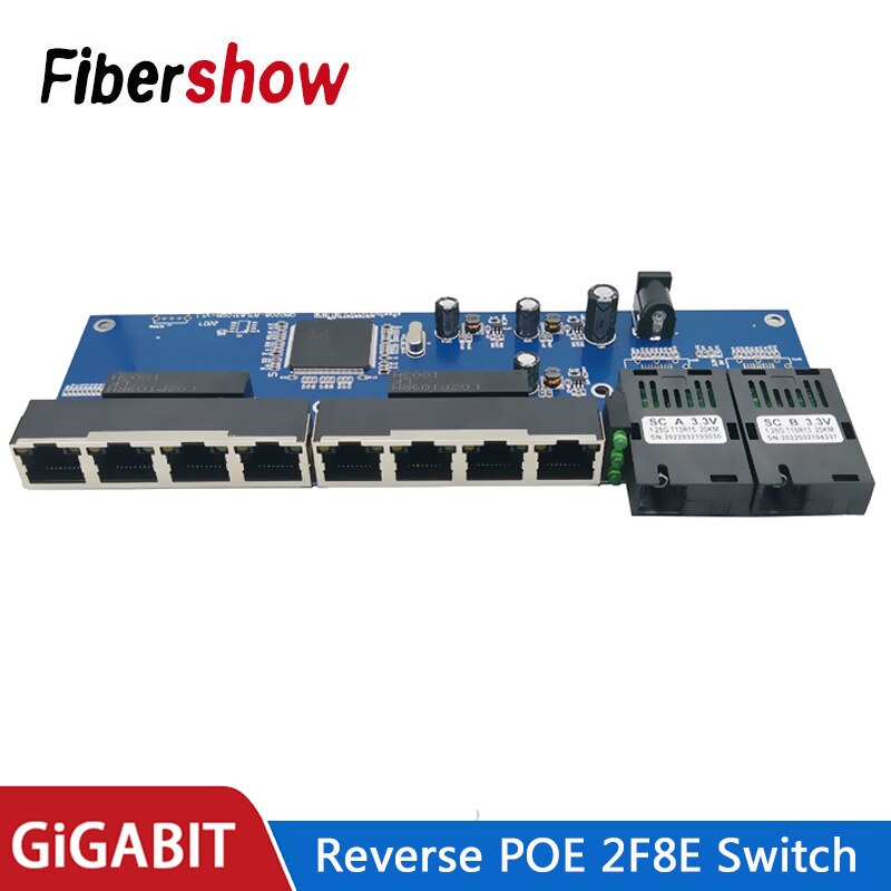 Reverse POE switch 8 RJ45 2 SC fiber Gigabit Ethernet switch media converter Fiber Optical UTP Port 10/100/1000M PCBA