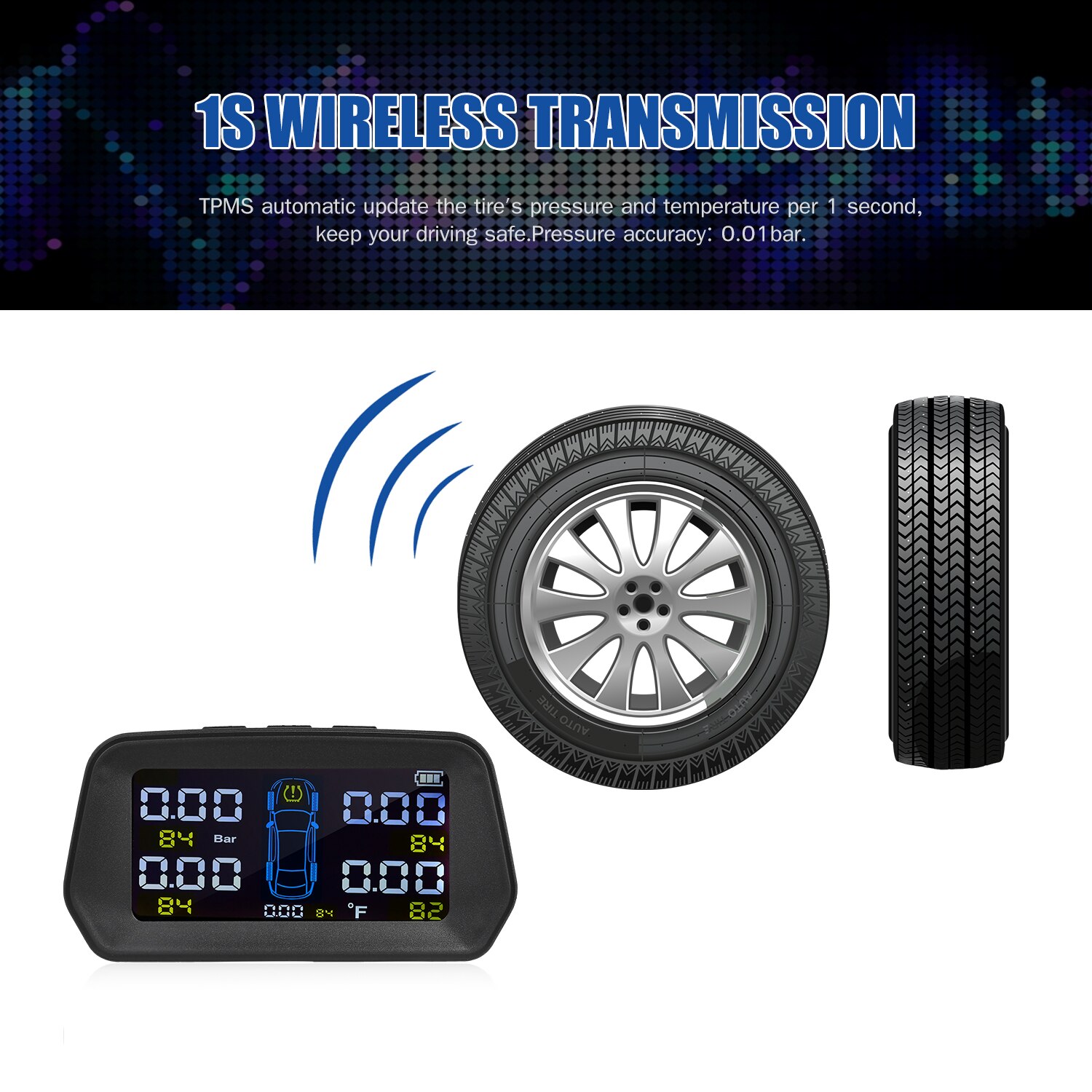 Universal TPMS Wireless Tire Pressure Monitoring System Solar Power Clock LCD Display 4 External Sensor Tire Pressure Sensors