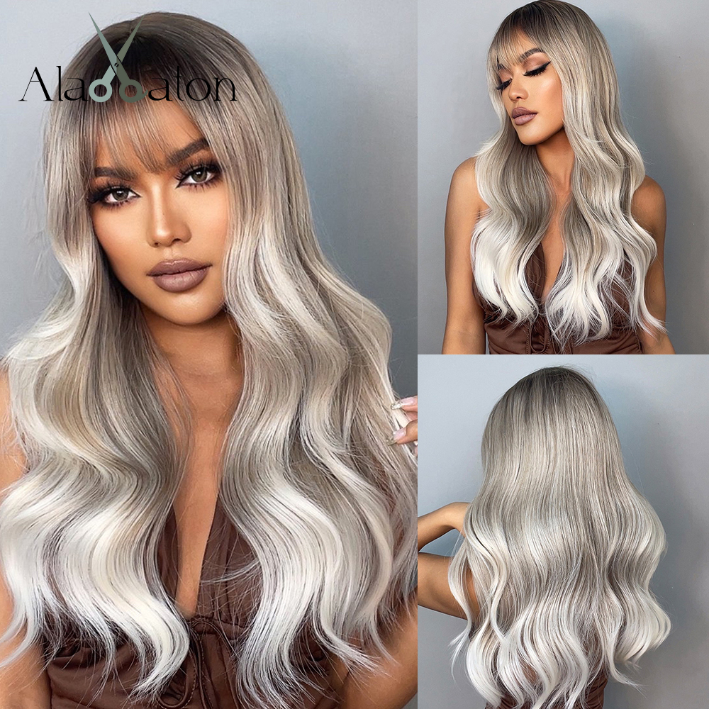 Alan eaton lang naturlig bølge parykk for kvinner ombre svart brun gylden blond syntetisk parykk med pannelugg cosplay varmebestandig hår