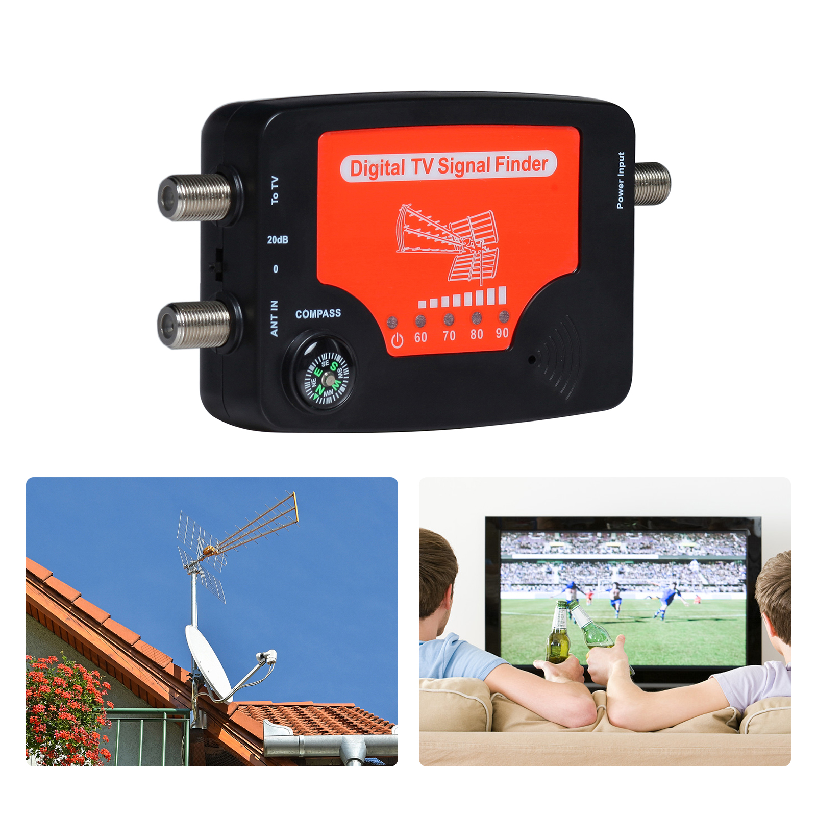 Tv-signalfinder led-display bærbar tv-antenne signalstyrkemåler signalfinder med kompas alarmsummer