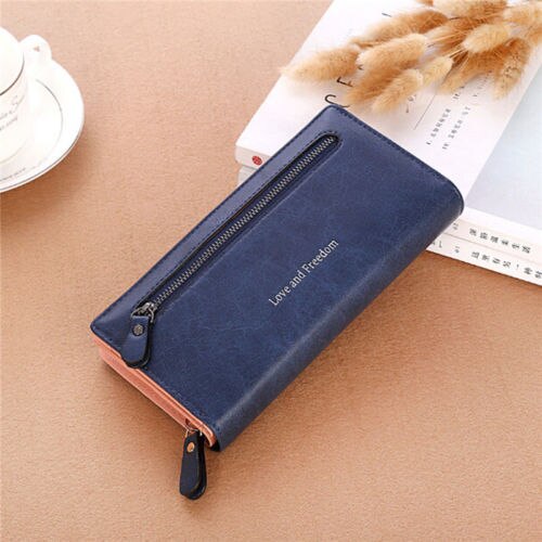 Women Wallet Love and freedom letters printing Lady Clutch Leather purse Long Card Holder Phone Bag Case Purse Handbag cartera: Dark Blue