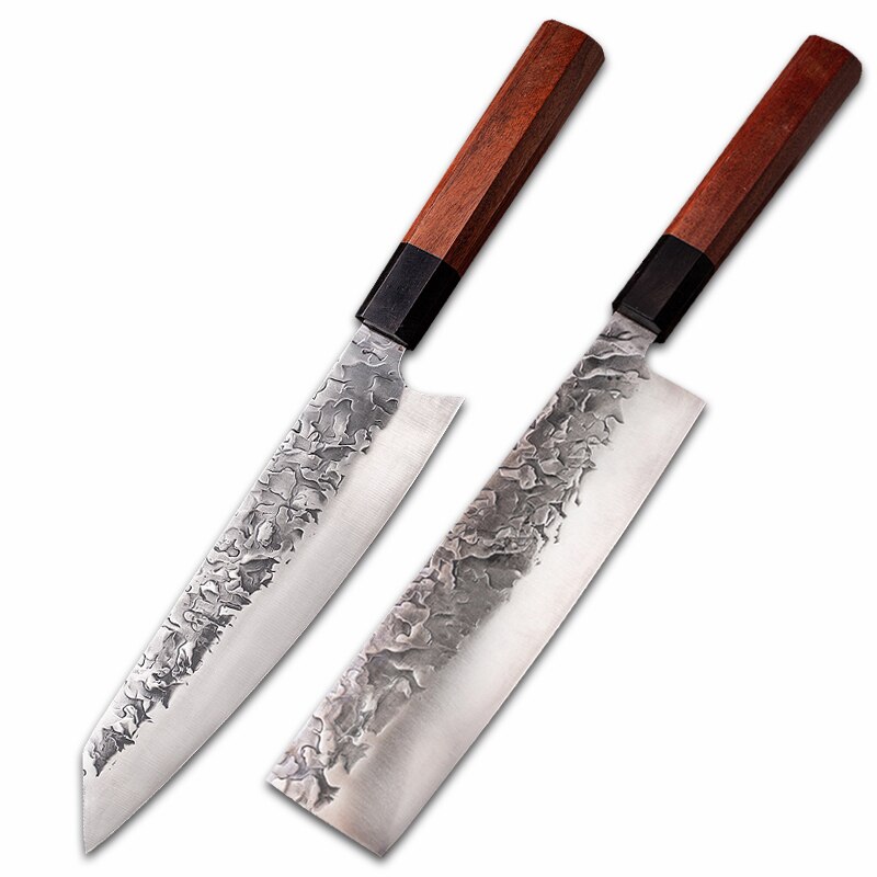 Smeden Japanse Koksmes Carbon Staal Sushi Mes Sharp Nakiri Cleaver Snijden Utility Messen Voor Keuken Koken Gereedschap: 2Pcs Set