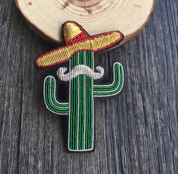 Kaktus z kapelusz broda jedwabiu łatka broszka indie jedwab drutu ręcznie naszywka łatka materiałowa moda odzież dekoracji