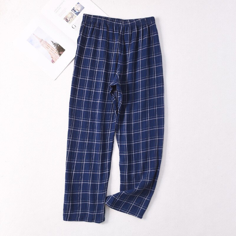 Mens Plaid Gauze Sleep Bottoms Knitted Cotton Lounge Wear Loose and Soft Pyjamas Trousers Plus Size Sleepwear Home Pants: Cyan / XXL