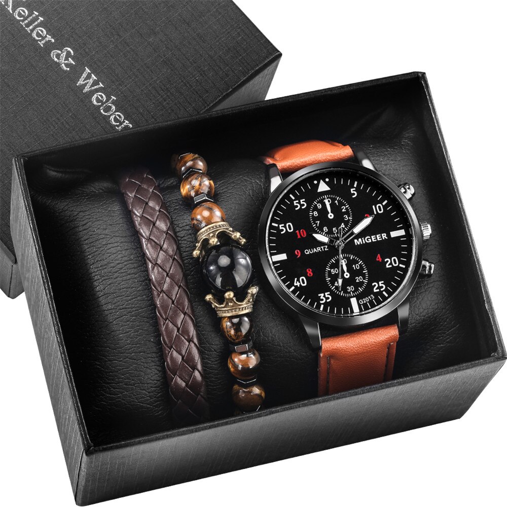Reloj de pulsera de cuero de cuarzo para hombre y mujer, Set de 3 piezas con caja de , pulseras de , de cumpleaños para Hijo/marido/amigos: Watch Gift Set 036