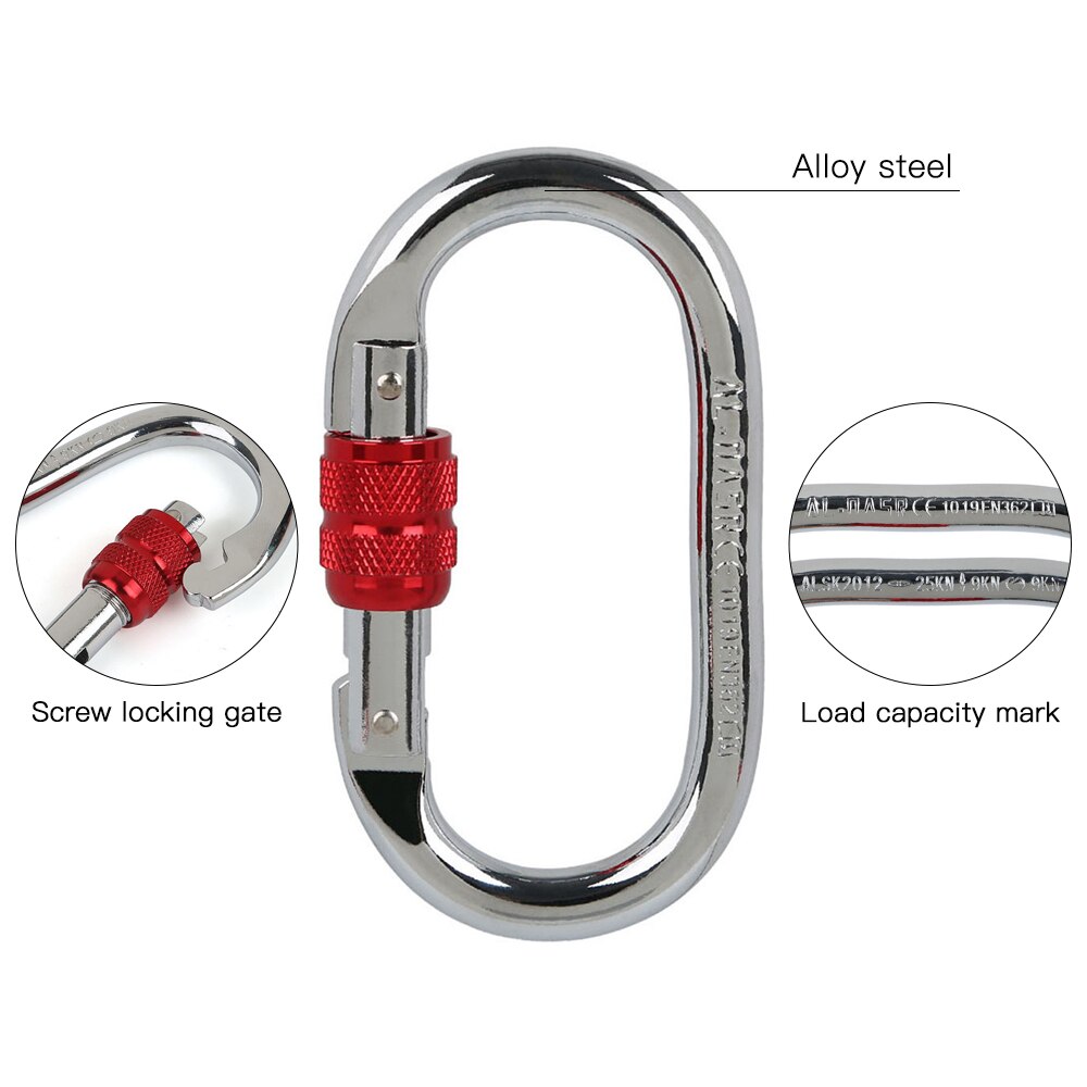 25KN Climbing Carabiner Screw Locking Gate Carabiner Heavy Duty O-shape Steel Hammock Buckle Climbing Hiking Accessories