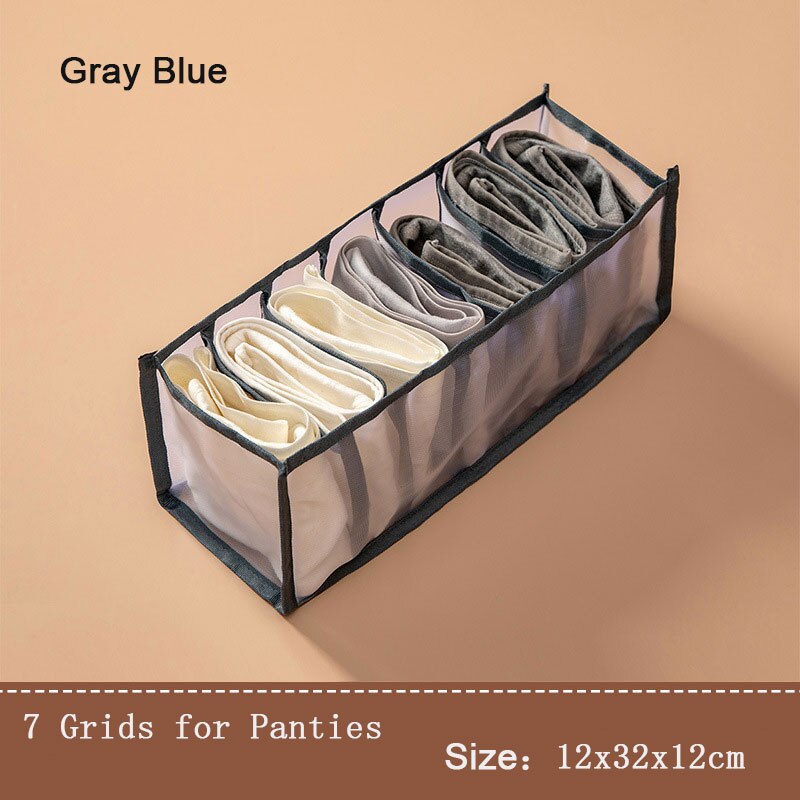 Organizador de armarios para calcetines, caja de almacenamiento de ropa interior separada, organizador de sujetador, cajas de cajones para dormitorio, 6/7/11 rejillas: 7 Grids-Gray Blue