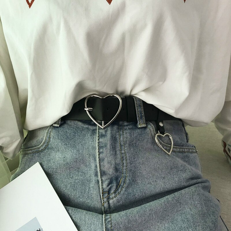 Female Round Buckle Waist Belt Metal Buckle Casual PU Leather Belt Clothes Accessories for Women Heart Ring Decorative