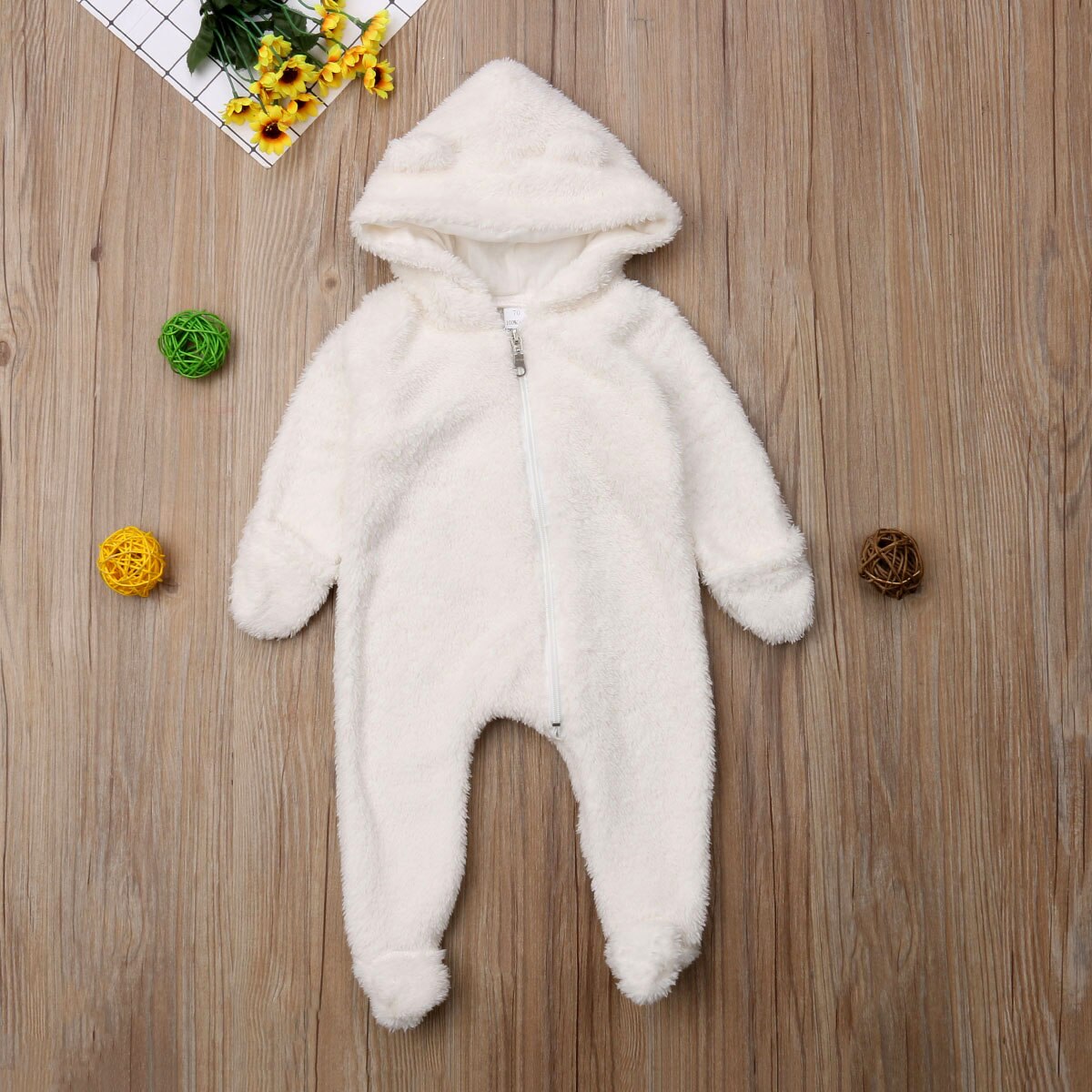Winter Warm Cute Toddler Baby Girls Boys Fur Romper Ears Hooded Zipper Solid Long Sleeve Jumpsuits Romper 2 Colors