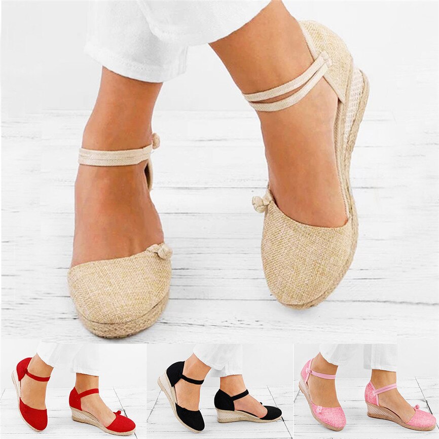 Straw Hemp Rope Sandals Women Ladies Retro Linen Canvas Wedge Round Toe Casual Sandals Singles Shoes Closed Toe Sandal