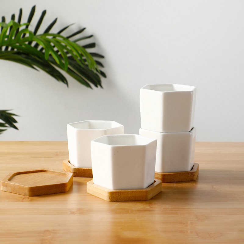 Maceta de cerámica hexagonal blanca con bandeja, maceta Europea Simple, contenedor de plantas suculentas, macetas pequeñas para bonsái
