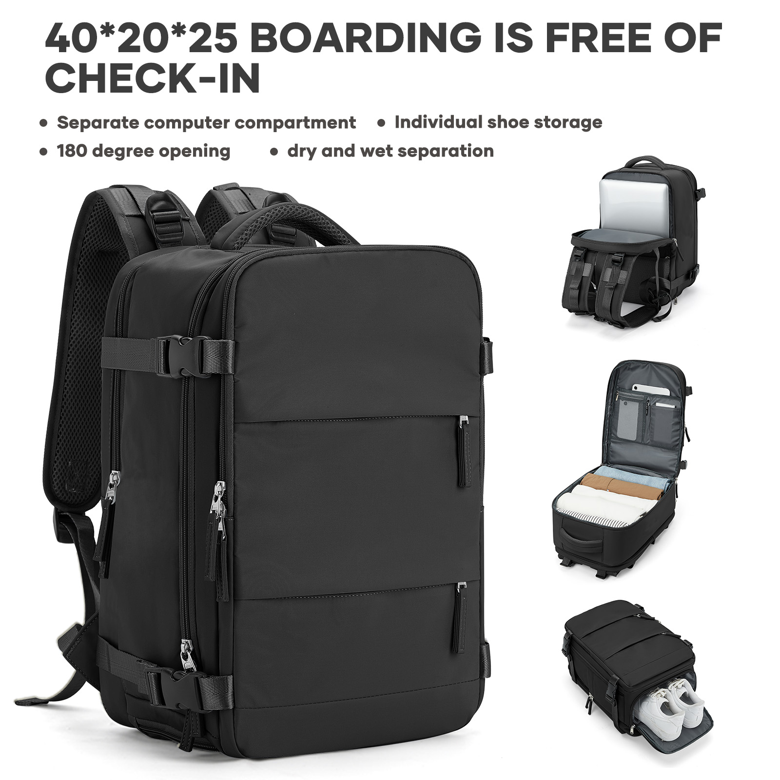 College Laptoptas Reisrugzak Grote capaciteit Easyjet 45x36x20 Rugzak Ryanair 40x20x25 Cabin Rugzak, Handbagage Tas: 15 Inches / Black