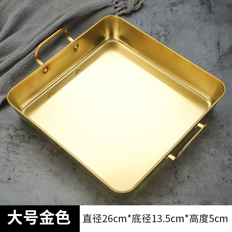 Two Ear Stainless Steel Square Food Trays Fruit Snacks Plates DIY Baking Tools Flat Fry Pan Trays for Kitchen: Pink