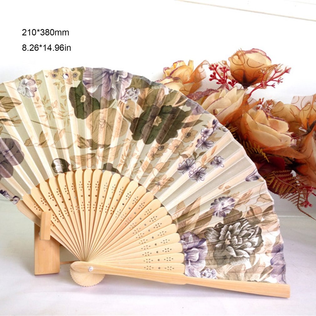 Portable Fan Japanese Style Women's Hand Held Folding Fan No. 8 Beautiful Cherry Color Satin Fan with Bamboo Frame