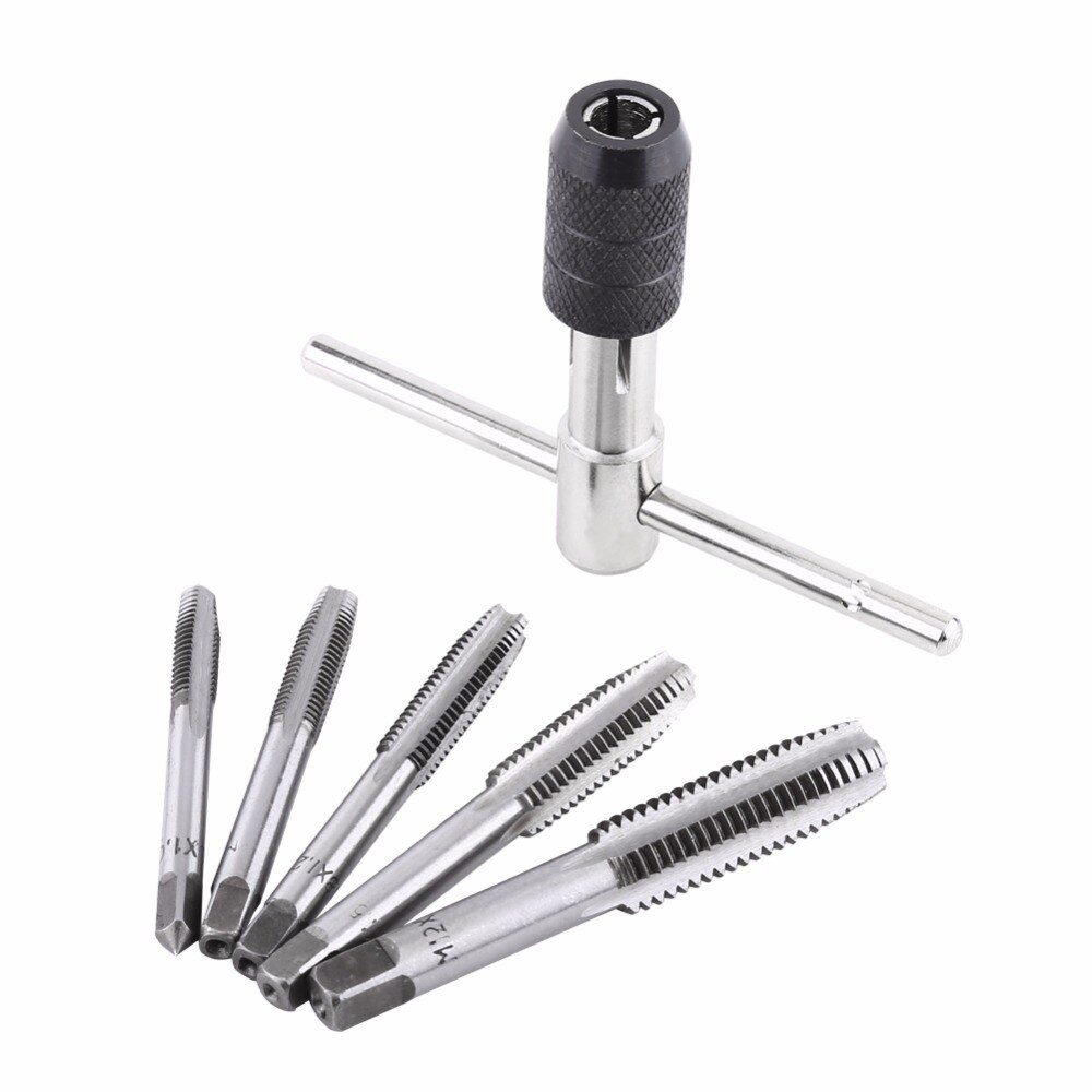 6PCS/Set Screw Tap &amp; T-shaped Wrench Threading Tapping Hand Tool Kit Tapping Tool Screw Tap Wrench Set