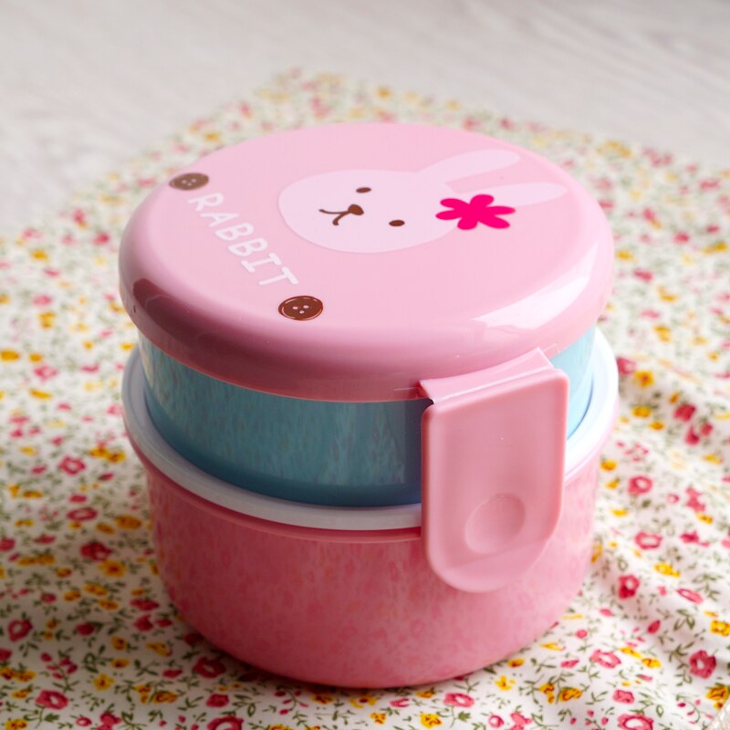 Cute Animal Lunch Box Japanese Double-layer Round Mini Bento Box Children&#39;s Fruit Box Snack Box Microwave Kids Lunch Box 540ml: Roze