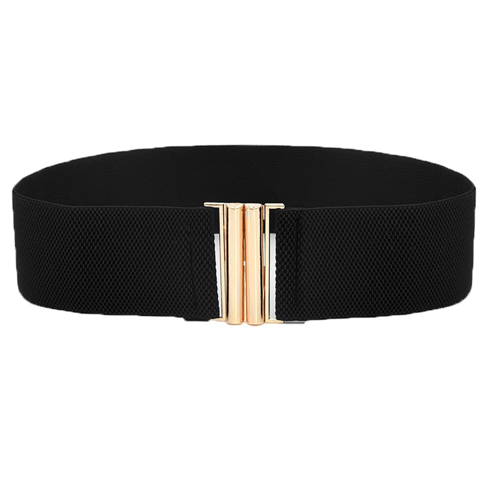 Cinturón de cuero de imitación ancho con hebilla de Color sólido para mujer, cinturón elástico para pantalones vaqueros: Black