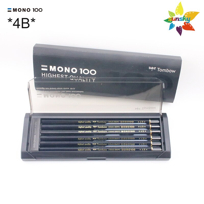 Tombow Japan Mono 100 Hexagonal Wooden Body Pencil,8H/7H/6H/HB/2B/4B,12 pieces 1 Dozen pencils,Smart black box: MONO-100-4B