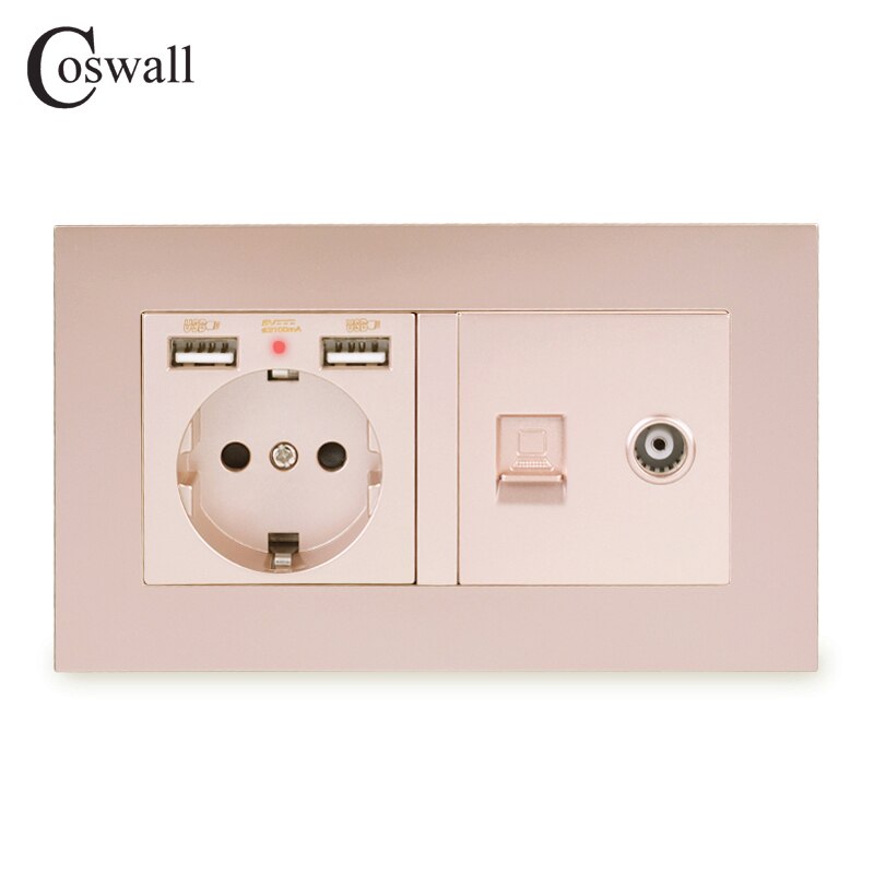 COSWALL EU Wall Socket Grounded With 2 USB Charge Port Hidden Soft Backlight + Female TV & CAT5E RJ45 Internet Outlet PC Panel
