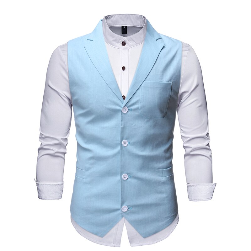 Solide Business Mannen Vest Bruiloft Smart Casual Vesten Voor Mannen Slim Gentleman Heren Dress Vesten Single Button Pocket gilet: Light Blue / M