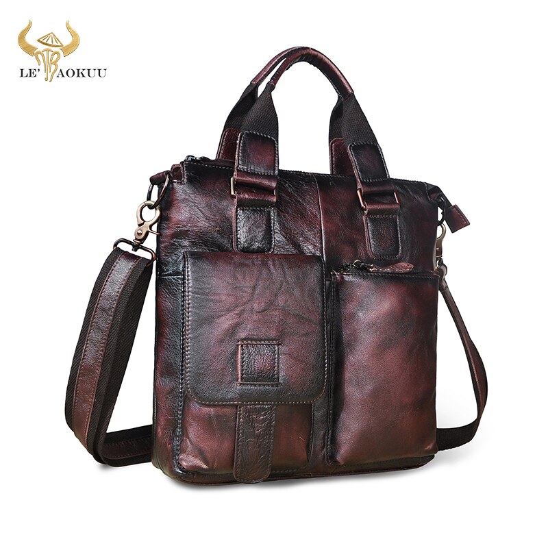 Men Original Leather Retro Business Briefcase Casual 12&quot; Laptop Travel Bag Tote Attache Messenger Bag Portfolio B259: wine