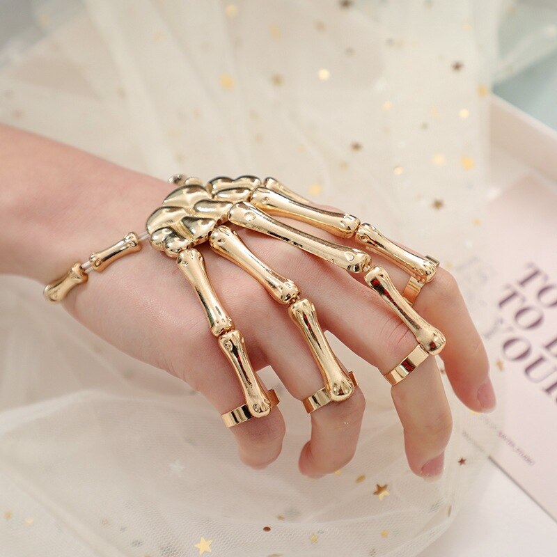 Steam punk armbånd til mænd gotisk hånd kranium skelet elasticitet justerbar par kvinder armbånd armbånd smykker: Guld