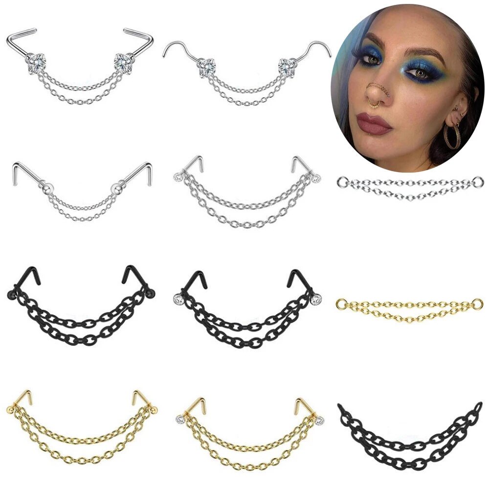 Stainless Steel Double Nose Piercing Chain Nose Chain for Woman Nostril Piercing Nose Stud Decoration Piercing Chain