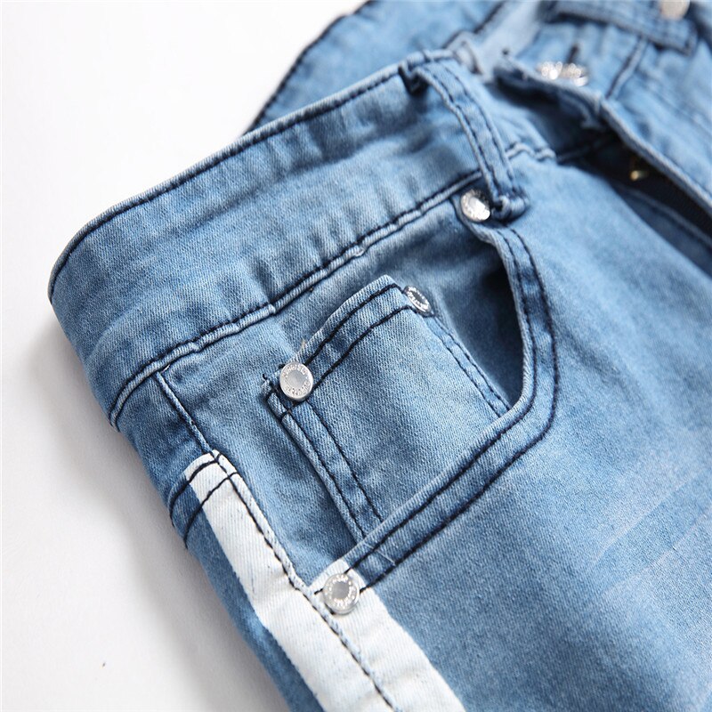 Weiße Streifen auf Seite hoch Straße Jeans Männer Neue für männer Denim Hosen Baumwolle Schwarz Blau