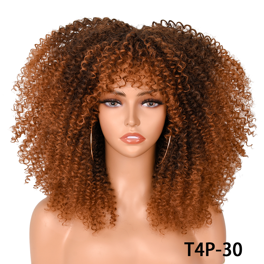 Pelucas rubias de pelo corto para mujeres negras, Afro, rizado, flequillo, Cosplay, Lolita, sintético, Marrón Natural, mezclado: Color natural