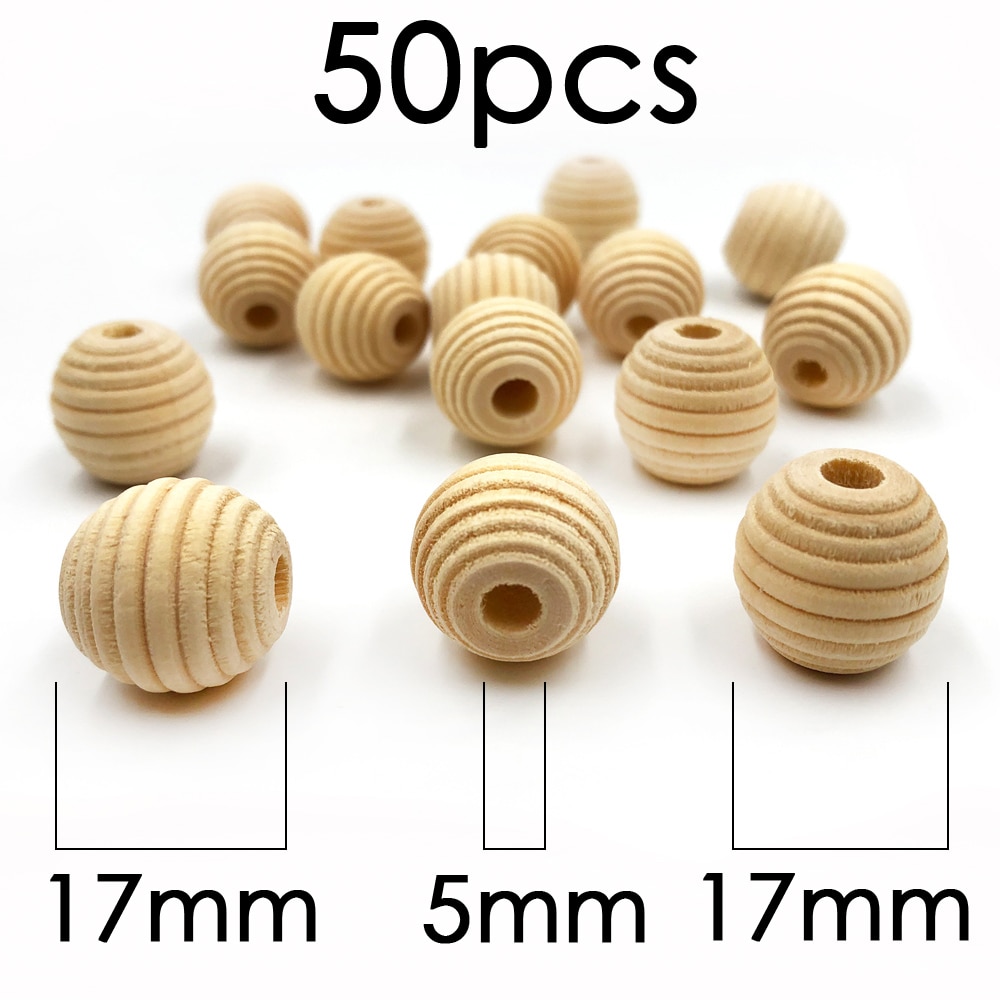 50pcs 15x20mm DIY Natural Ball Round Stripe Spacer Wooden Beads Lead-Free Wooden Balls Loose Ball Beads Big Hole Supply: 17x17mm50pcThread